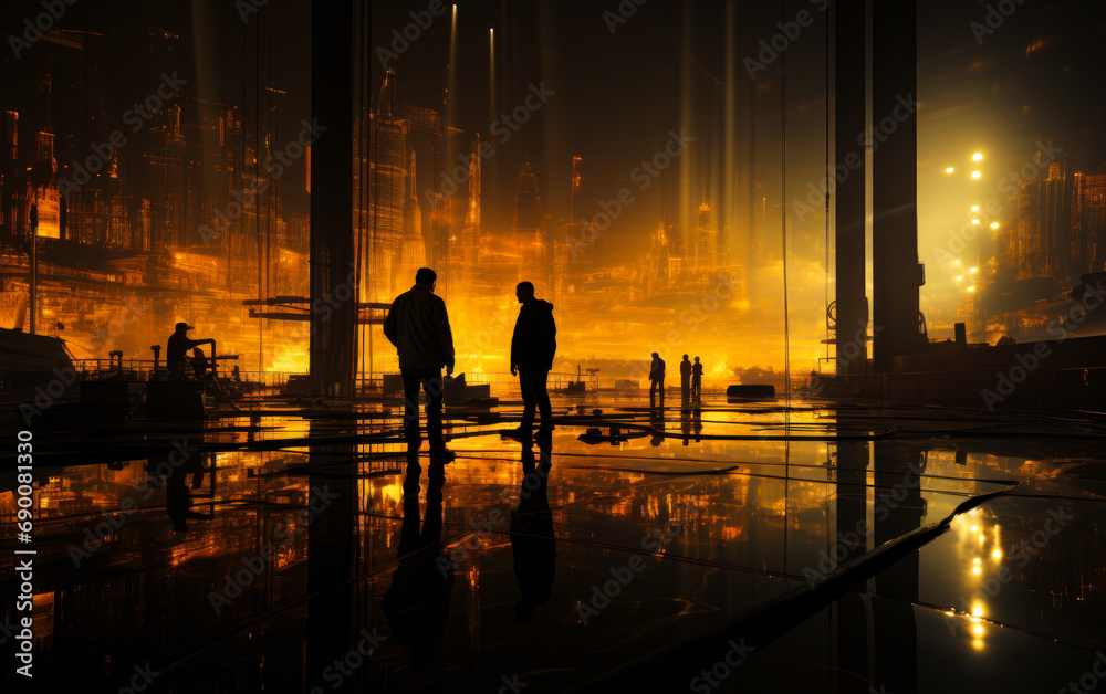 Silhouette of two construction workers at sunset. A couple of men standing next to each other