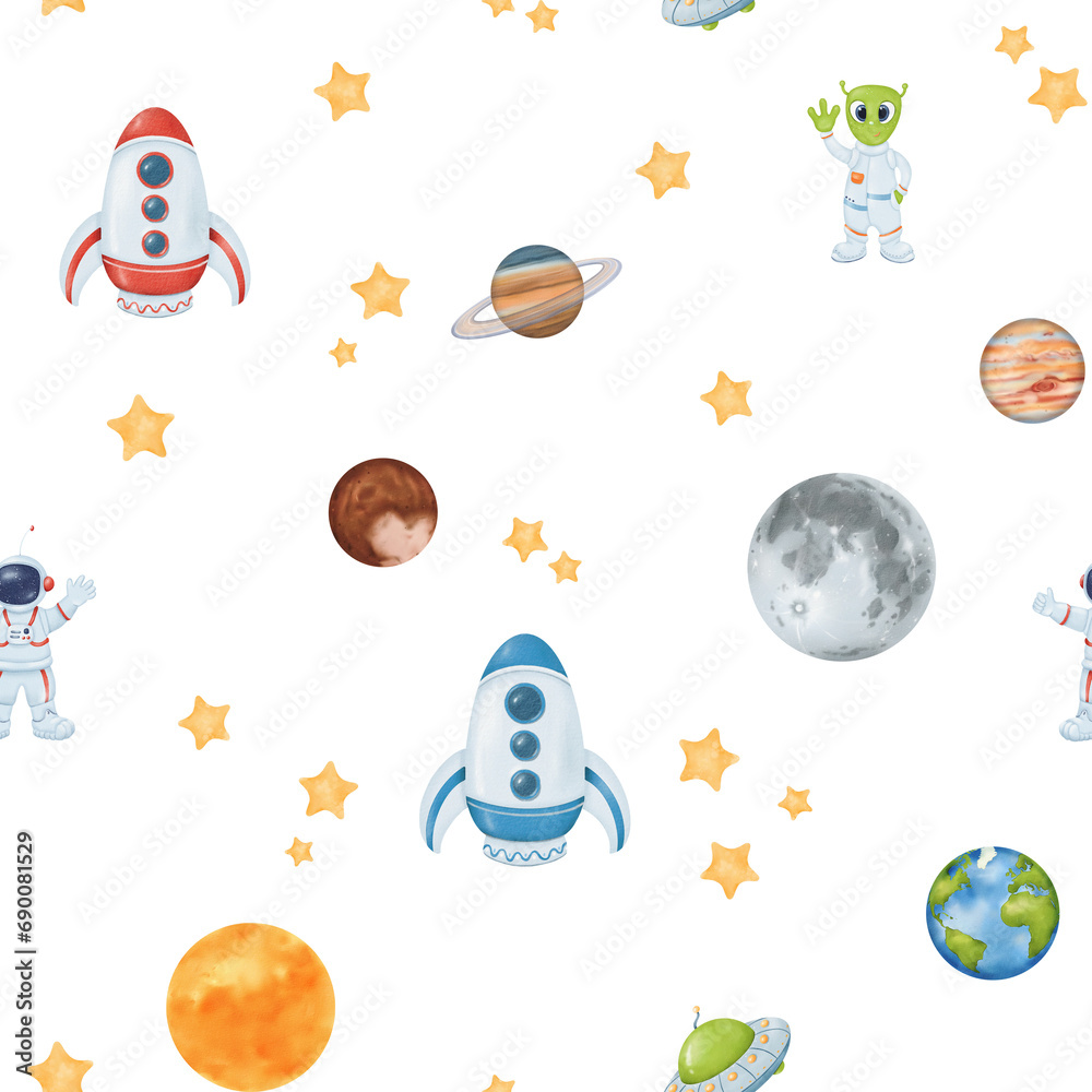 seamless watercolor pattern. starry sky. yellow stars Earth a whimsical astronaut, an alien, UFO rocket, moon and sun. for wallpapers, children's rooms, textiles, baby clothes, and textbooks seamless watercolor pattern. starry sky. yellow stars Earth a whimsical astronaut, an alien, UFO rocket, moon and sun. for wallpapers, children's rooms, textiles, baby clothes, and textbooks