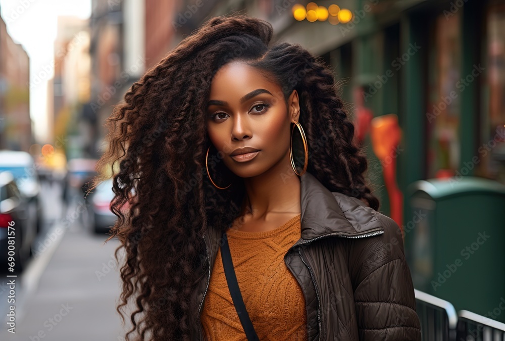 young pretty African woman walking in urban city street, Generative Ai young pretty African woman walking in urban city street, Generative Ai
