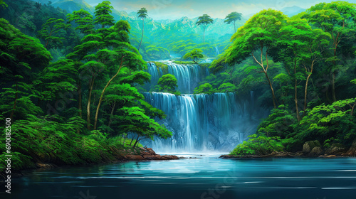 Painting of high cascading waterfalls in a remote tropical jungle - flowing river with crystal clear blue water  lush green vegetation and trees - scenic otherworldly beauty paradise.  