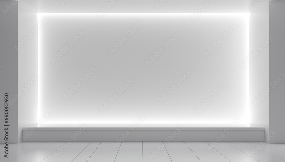 Mock-up with clean and minimalist background, elegant white panels, hidden lighting and shadows Mock-up with clean and minimalist background, elegant white panels, hidden lighting and shadows