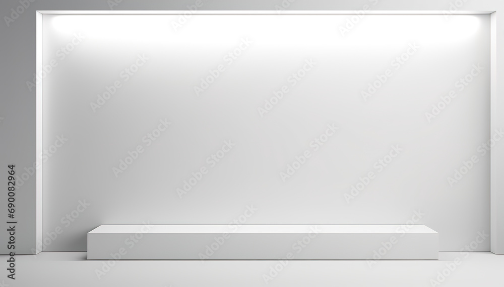Mock-up with clean and minimalist background, elegant white panels, hidden lighting and shadows Mock-up with clean and minimalist background, elegant white panels, hidden lighting and shadows