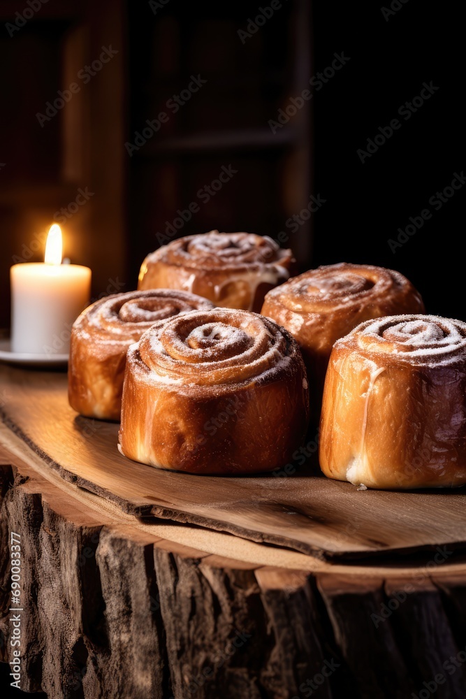 Cinnamon rolls, wooden table