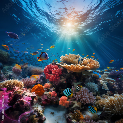 A vibrant coral reef teeming with marine life. © Cao