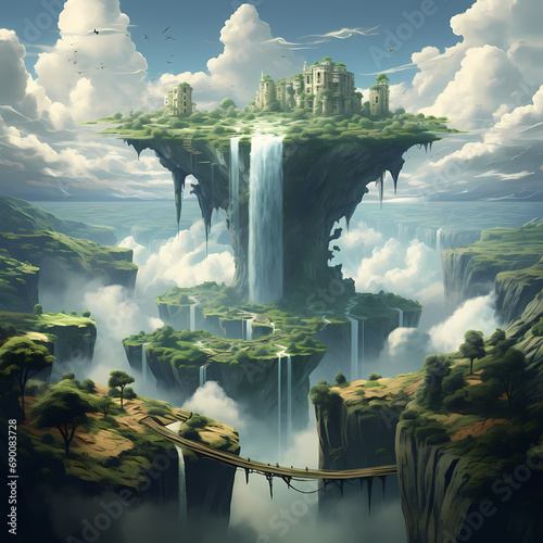 Surreal landscape with floating islands and waterfalls. © Cao