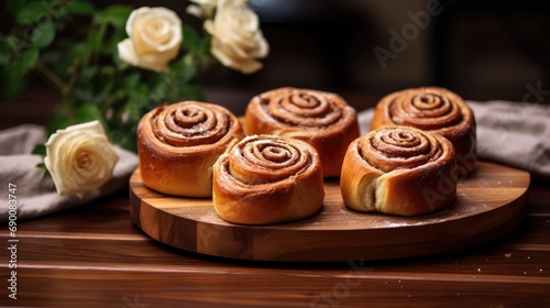 Cinnamon rolls, wooden table