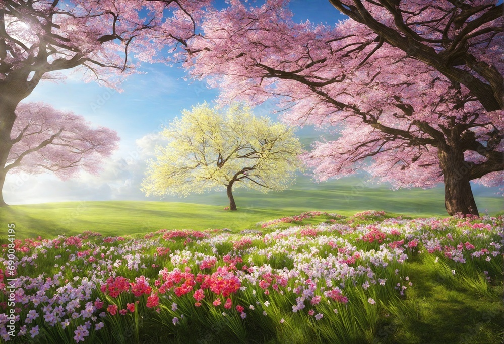eine fantastische Naturlandschaft mit Kirschblütenbäumen und einer Blumenwiese