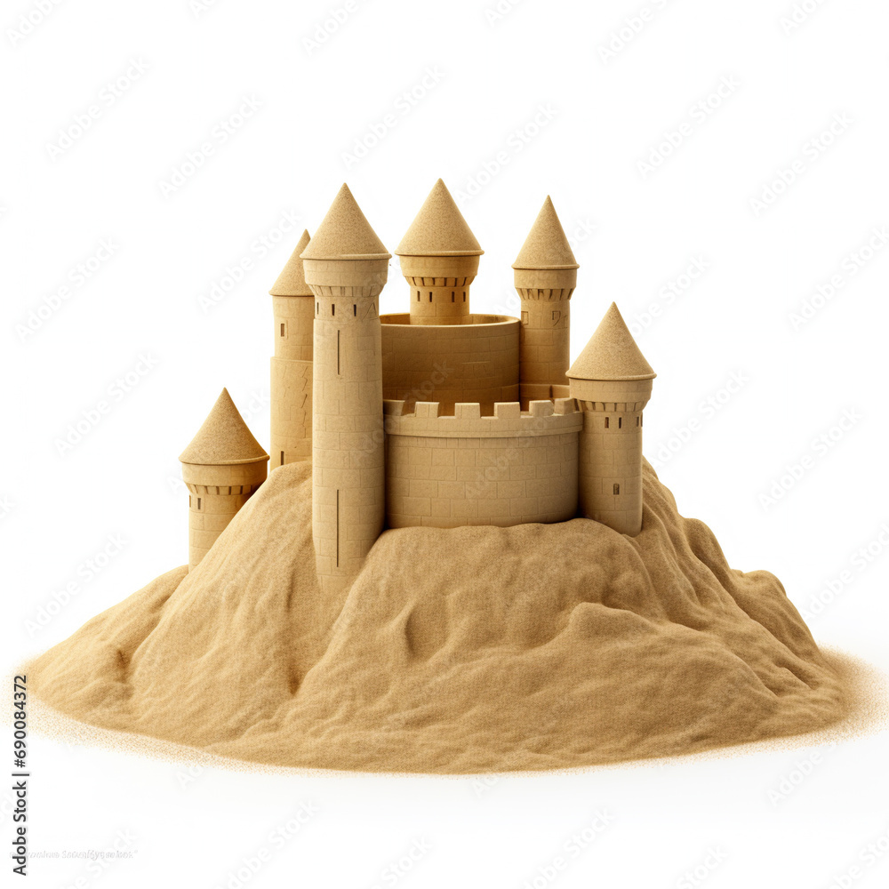 Pile of sand with beautiful castle isolated on white. AI Generative. Pile of sand with beautiful castle isolated on white. AI Generative.