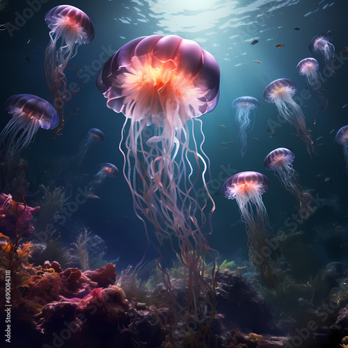 A surreal underwater scene with floating jellyfish.