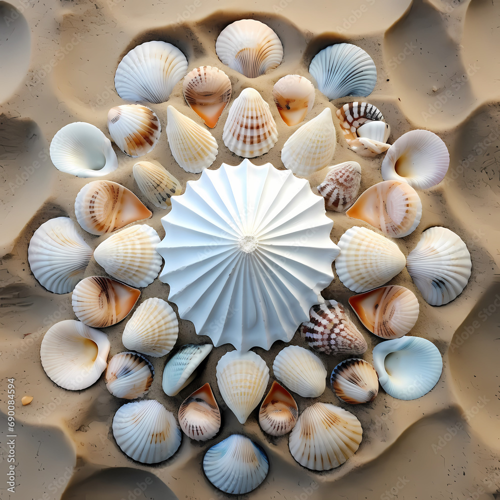 A symmetrical arrangement of seashells on a sandy beach.