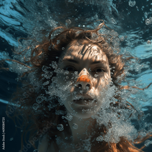 Underwater Drama: Wide Angle Upshot with Flash, Fast Shutter, Splash Bubbles - Detailed Eyes and Intricate Fur. Generative AI