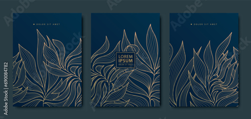 Vector japanese style floral covers, luxury golden patterns with leaves. Elegant package, wedding, birthday, beauty products templates. Line hand drawn texture.