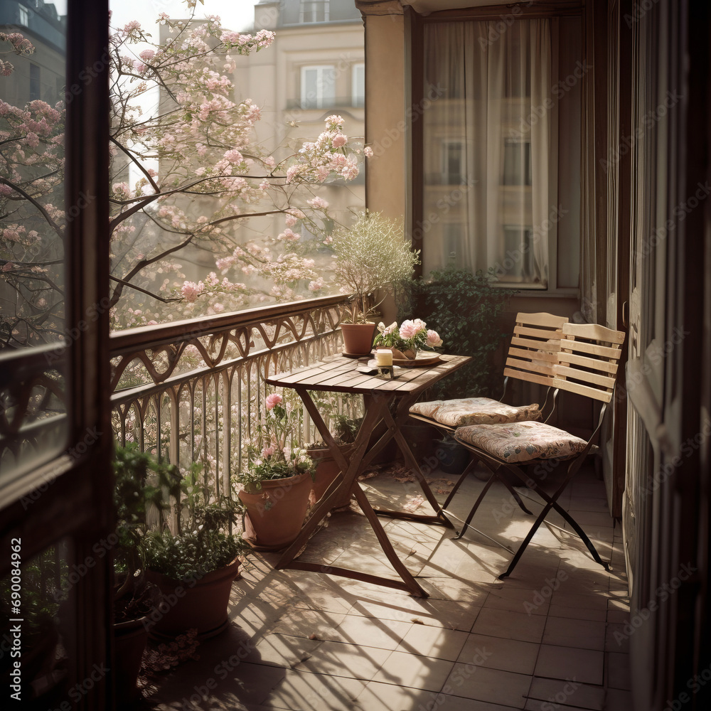 Beautiful city terrace with table and chairs in spring Beautiful city terrace with table and chairs in spring
