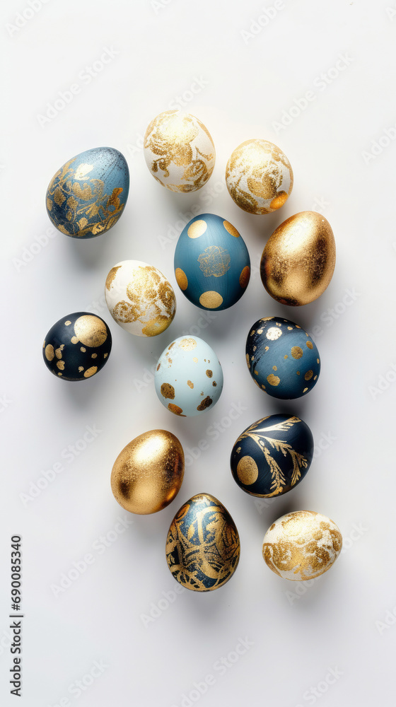 top view of expensive navy, blue, white and gold decorated easter eggs on a light background, minimalistic, vertical easter phone wallpaper top view of expensive navy, blue, white and gold decorated easter eggs on a light background, minimalistic, vertical easter phone wallpaper