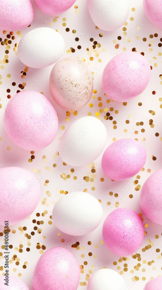 top view of shiny pink and golden confetti easter eggs on a white background, minimalistic, vertical easter phone wallpaper