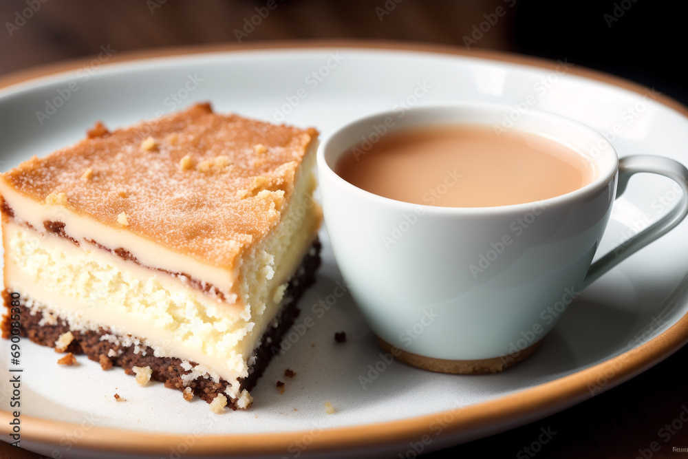 Vanilla slice. Delicious chocolate cheesecake with cup of coffee on wooden table. Generative AI