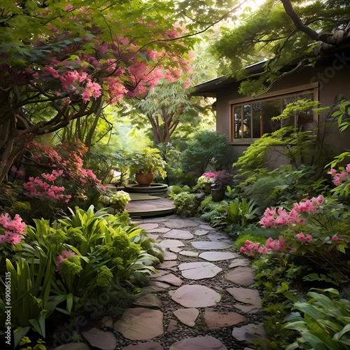 A tranquil garden with a stone pathway