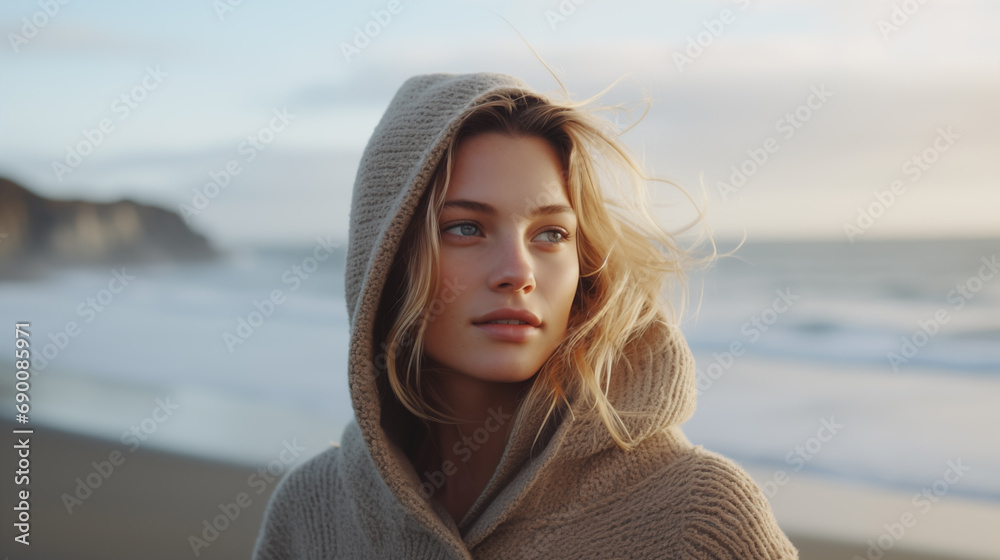 Stylish girl walks along the ocean coast on a cool autumn or winter day. Sand beach, windy weather. Beautiful woman on travel. Walk on the sea coastline. Amazing scenic outdoor view. Generated AI Stylish girl walks along the ocean coast on a cool autumn or winter day. Sand beach, windy weather. Beautiful woman on travel. Walk on the sea coastline. Amazing scenic outdoor view. Generated AI