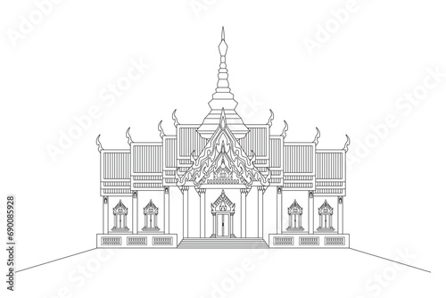 Line art vector of Thailand temple or Wat drawing in black and white