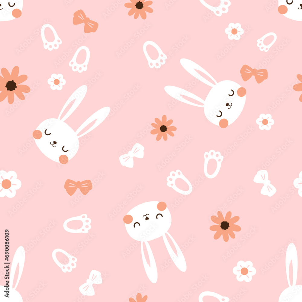 Fototapeta premium Seamless pattern with bunny rabbit cartoons, daisies, sunflower and foot print on pink background vector illustration.