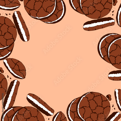 Cookie banner trend color 2024 Peach fuzz 13-1023, chocolate and cream, template, empty place to insert, peach background.