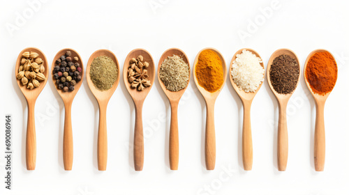 Set of indian spices in spoons on white
