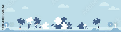 flat design landscape background illustration of business people with puzzle