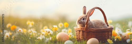 Easter basket with cute bunny and easter eggs on a colorful blooming spring meadow. Beautiful natural image with vintage effect and selective focus. Ideal as web banner or in social media. Copy space.