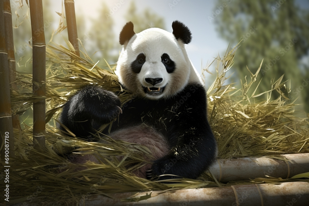 Panda bear sitting and eating bamboo