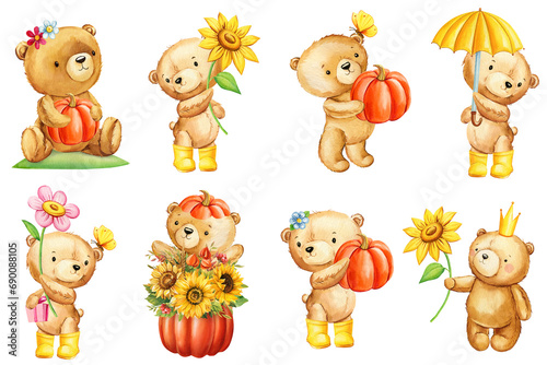 Fototapeta Naklejka Na Ścianę i Meble -  Set Teddy bear with pumpkin, flowers, umbrella on isolated white background. Watercolor illustration, autumn clipart