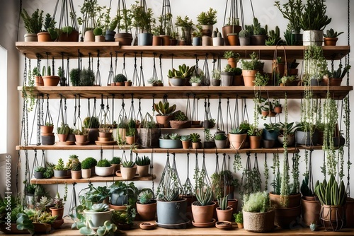 A plant lover s dream with shelves of succulents  hanging planters  and a macram   plant hanger.