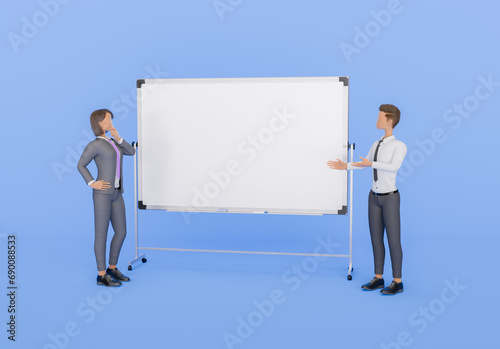 stylized character businessman presenting to a businesswoman next to a blank whiteboard, business strategy and planning concepts on a blue background. © TheCatEmpire Studio