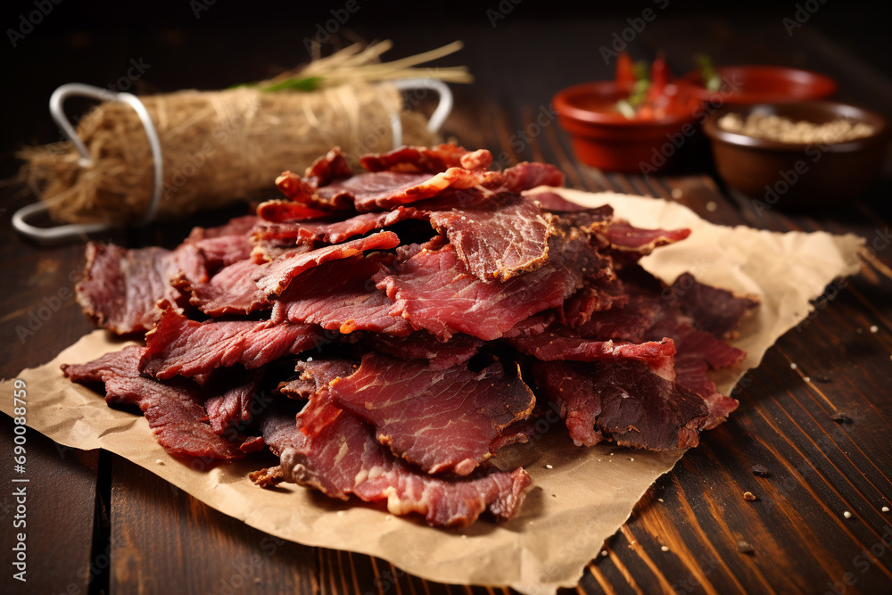 Beef jerky on a tablecloth on a wooden table. ai generative Beef jerky on a tablecloth on a wooden table. ai generative