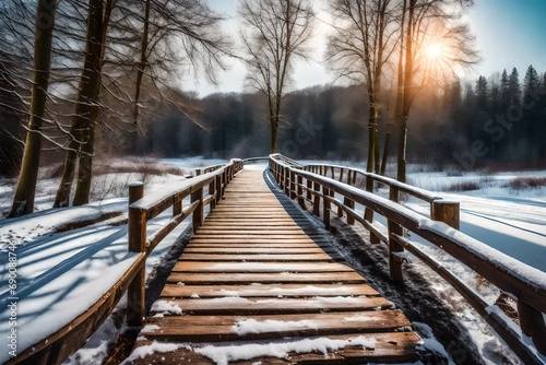 Snowy, wooden bridge in a winter day. Stare Juchy, Poland © Arham
