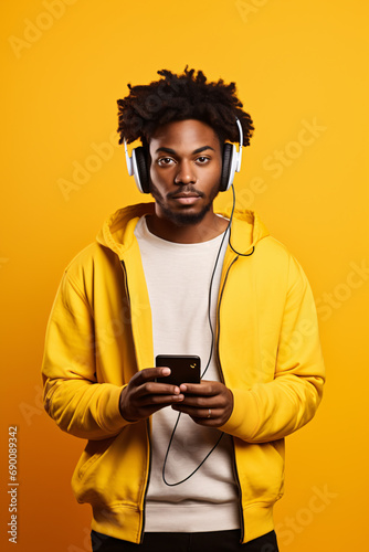 Afro boy listening to music with headphones on yellow background.