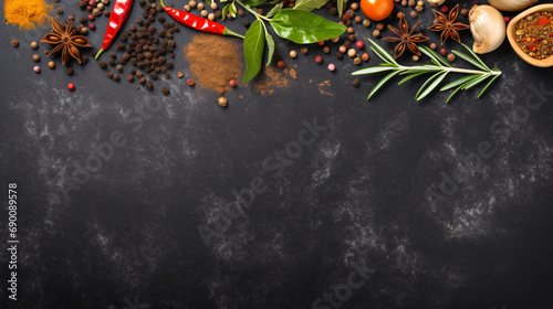 Spices and herbs on black slate background