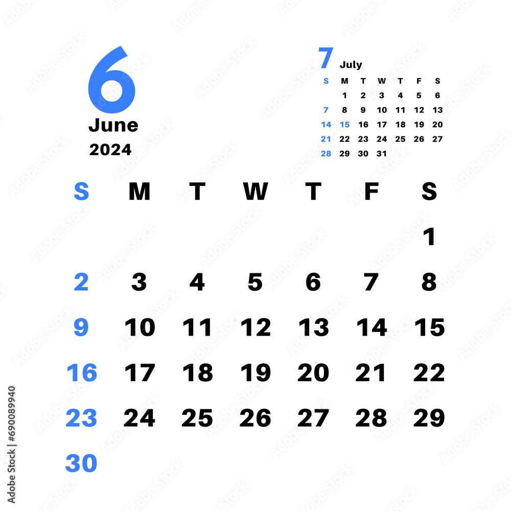 2024年6月 シンプルなカレンダー - obrazy, fototapety, plakaty 