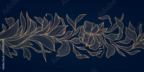 Vector seamless golden art deco pattern with leaves. Elegant line illustration, japanese style nature ornament. Use for package, wall art, decor, beauty product design.