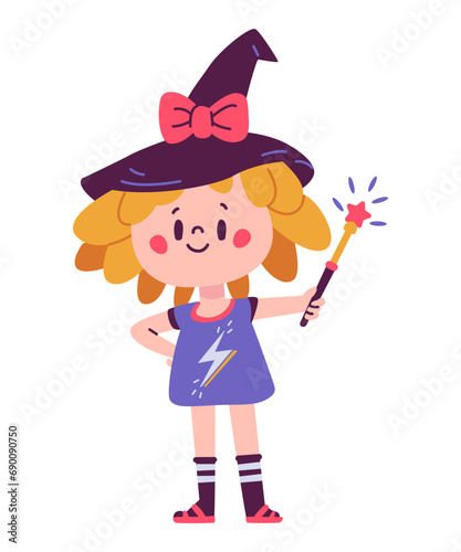 Little witch cute character with magic wand flat vector illustration isolated on white.