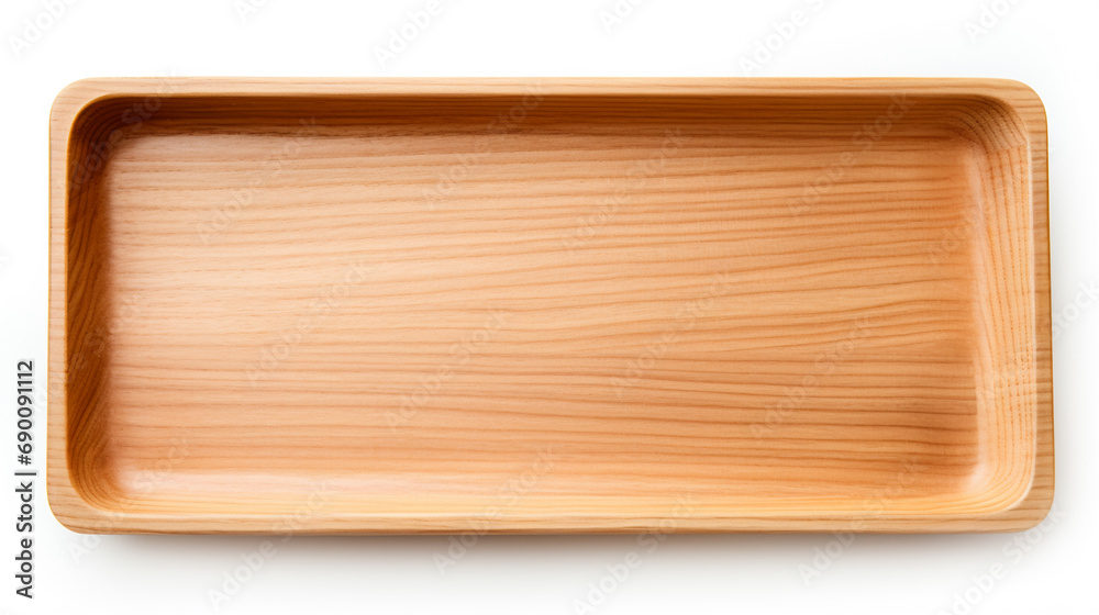 One empty wooden tray isolated on white, AI Generative. One empty wooden tray isolated on white, AI Generative.