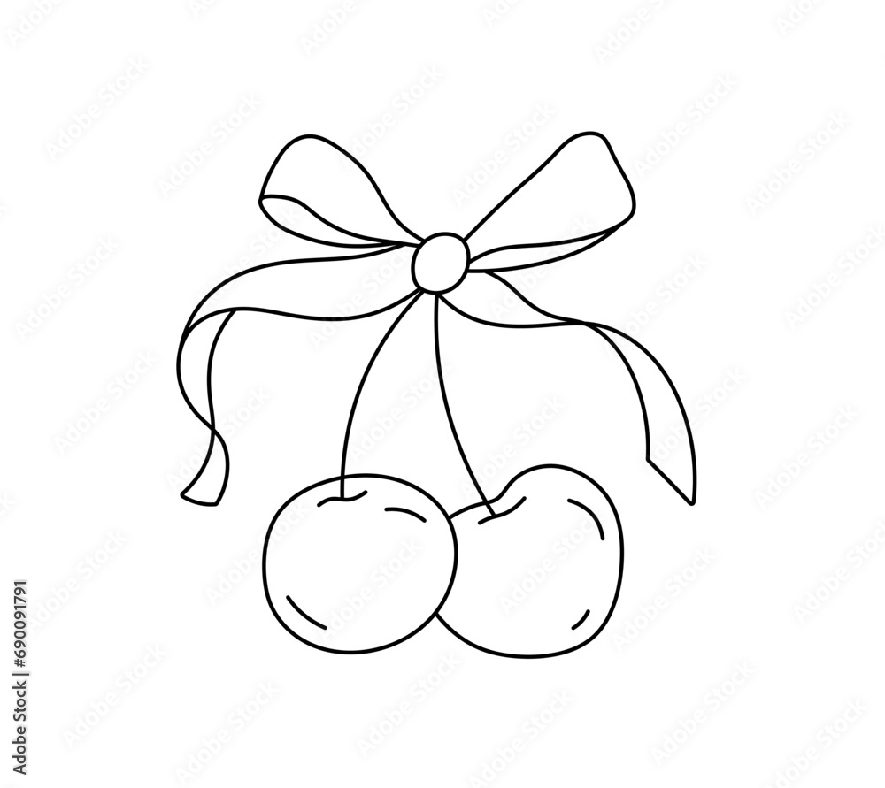 Vector isolated two pair couple cherry berries with ribbon bow colorless black and white contour line easy drawing Vector isolated two pair couple cherry berries with ribbon bow colorless black and white contour line easy drawing