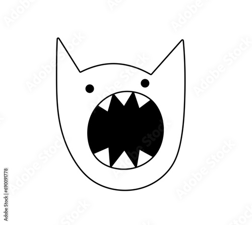 Vector isolated toothy cat head with open mouth and sharp fangs colorless black and white contour line easy drawing