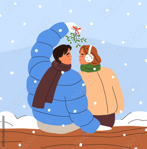 Love couple at winter date outdoors. Romantic man in woman kissing in park, n...