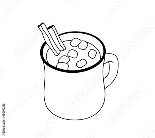 Vector isolated one single cup of cocoa, hot chocolate with marshmallows and cinnamon sticks colorless black and white contour line easy drawing
