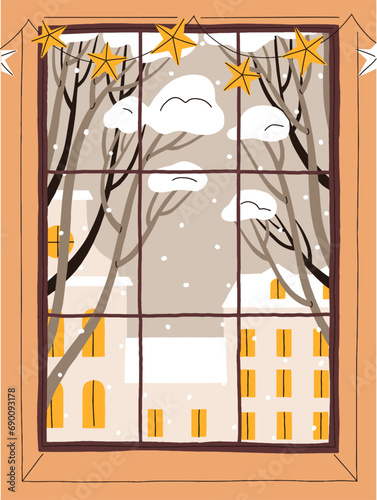 View from window, home. Winter landscape, cold snowy weather in town. House buildings and trees in snow. Cozy calm wintertime holiday, frost from warm room, apartment. Flat vector illustration
