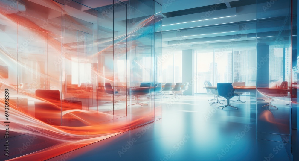 Blurred background of a modern office interior in gray tones with panoramic windows, glass partitions and orange color accents. Empty open space office. Abstract light bokeh at office interior.