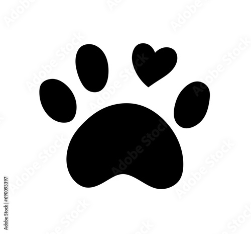 Vector isolated one single dog cat bear paw print  with heart colorless black and white outline silhouette shadow shape stencil solid black