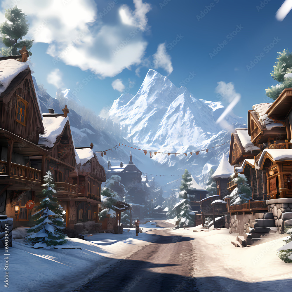 A tranquil snowy village at the base of a mountain.