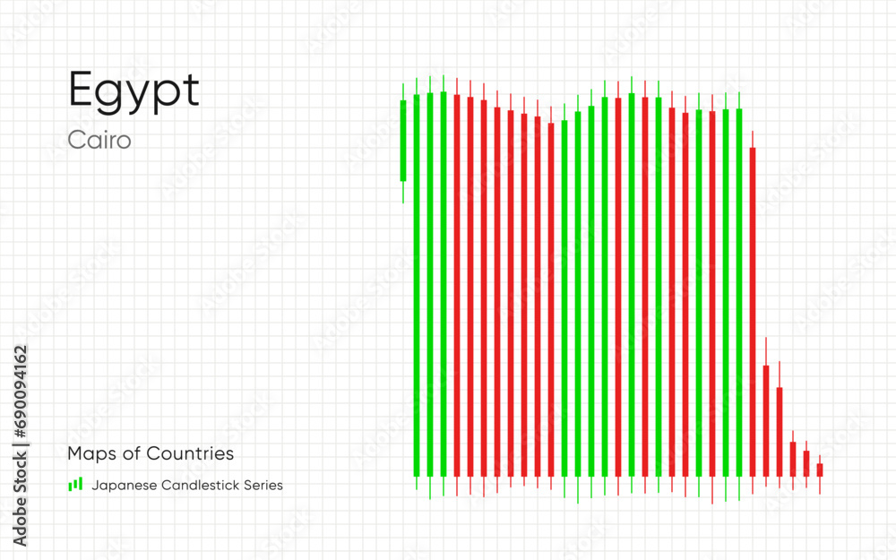 Egypt White map is shown in a chart with bars and lines. Cairo. Banking. Japanese candlestick chart Series Egypt White map is shown in a chart with bars and lines. Cairo. Banking. Japanese candlestick chart Series