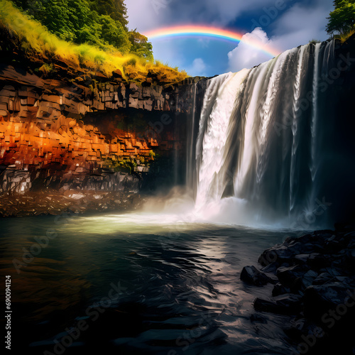 A vibrant rainbow arching over a waterfall